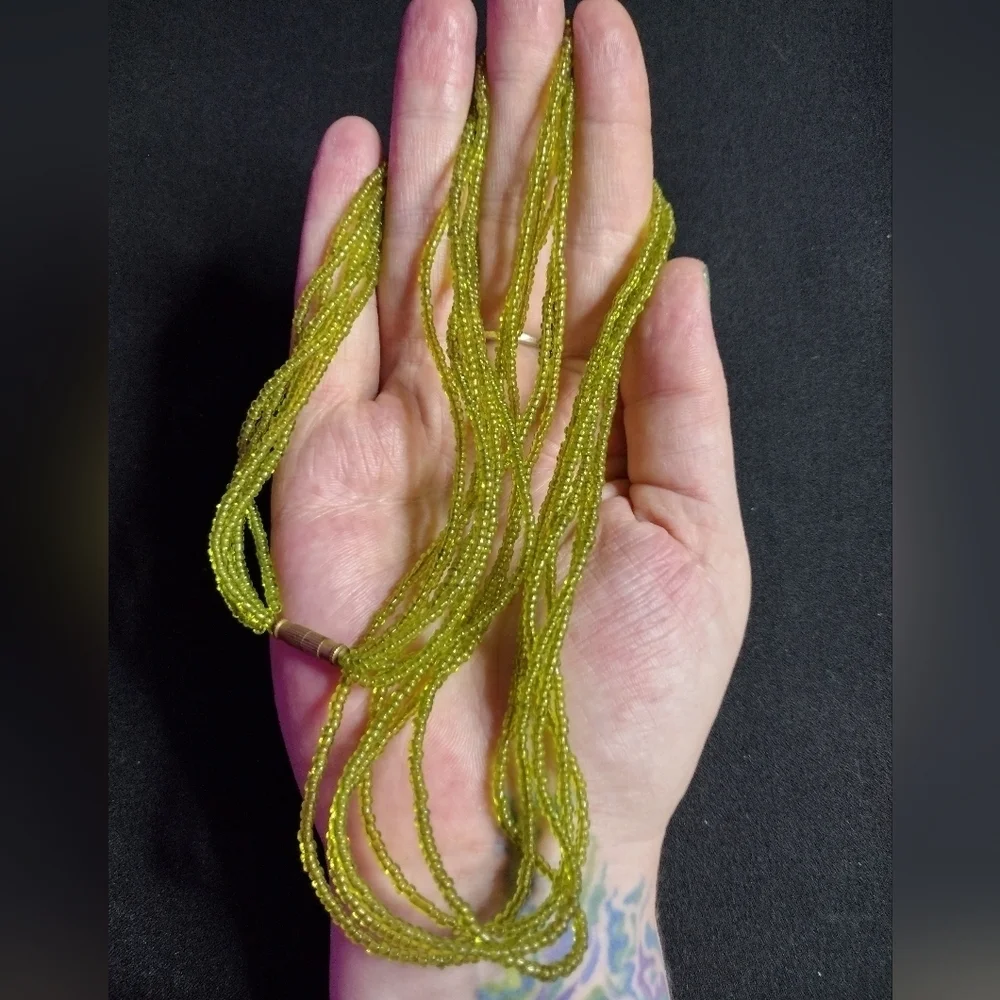 Vintage Multi strand Moss Green Beaded Necklace